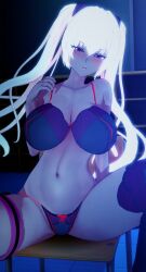 Rule 34 | 1girl, 3d, :o, arm support, artist request, black bra, black panties, blush, bra, breasts, classroom, cleavage, dark-skinned female, dark skin, embarrassed, hair ornament, highres, indoors, kangoku senkan, kangoku senkan 3, kila kushan, large breasts, lingerie, lips, long hair, looking at viewer, micro panties, navel, night, panties, shiny skin, side-tie panties, sitting, solo, thighs, thong, twintails, underwear, underwear only, wide hips