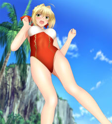 Rule 34 | 1girl, ahoge, bare arms, bare legs, bare shoulders, blonde hair, blush, breasts, clenched hands, cloud, day, fate/grand order, fate (series), from below, gluteal fold, green eyes, groin, hair intakes, highres, legs, looking at viewer, medium breasts, nero claudius (fate), nero claudius (fate) (all), nero claudius (fate/extra), open mouth, outdoors, palm tree, shiny skin, sky, solo, standing, swimsuit, thighs, tree, yadokari genpachirou