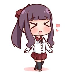 Rule 34 | &gt; &lt;, 1girl, :d, black thighhighs, blunt bangs, blush, bow, breasts, brown footwear, chibi, closed eyes, commentary request, full body, hair bow, hana kazari, heart, long hair, long sleeves, medium breasts, new game!, open mouth, pleated skirt, ponytail, purple hair, red bow, red skirt, shirt, sidelocks, skirt, smile, solo, standing, takimoto hifumi, thighhighs, white background, white shirt, xd