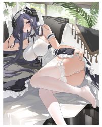 Rule 34 | 1girl, absurdres, apron, ass, august von parseval (azur lane), august von parseval (the conquered unhulde) (azur lane), azur lane, between breasts, black horns, breasts, clothing cutout, cross-laced clothes, cross-laced dress, curled horns, dress, feet, foot out of frame, garter straps, hair over one eye, highres, horns, lace, lace-trimmed legwear, lace trim, large breasts, legs, long hair, looking at viewer, lying, mechanical horns, miqilinfeizainie, mouth hold, official alternate costume, on side, one eye covered, panties, purple eyes, purple hair, ribbon, ribbon in mouth, sleeveless, sleeveless dress, solo, strap between breasts, thighhighs, thighs, two-tone dress, underboob cutout, underwear, very long hair, white apron, white garter straps, white panties, white thighhighs