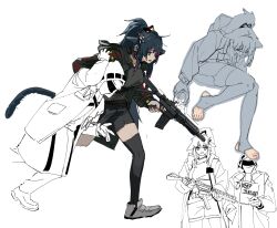 Rule 34 | 1girl, 1other, absurdres, arknights, arm up, black hair, black jacket, black shirt, black shorts, black thighhighs, breasts, commentary, doctor (arknights), green eyes, grey footwear, gun, highres, holding, holding gun, holding weapon, hood, hood down, hood up, hooded jacket, jacket, jessica (arknights), long hair, medium breasts, multicolored hair, no shoes, open clothes, open jacket, pants, parted lips, pink hair, ponytail, running, shirt, shorts, simple background, stirrup legwear, streaked hair, thighhighs, toeless legwear, weapon, weapon request, white background, ziyuechen