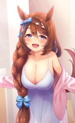 Rule 34 | 1girl, :d, absurdres, animal ears, bare shoulders, blue bow, blue eyes, blush, bow, braid, breasts, brown hair, cleavage, collarbone, cowboy shot, dress, hair bow, hair over shoulder, hanging breasts, highres, horse ears, horse girl, horse tail, indoors, jacket, large breasts, leaning forward, light particles, long hair, long sleeves, looking at viewer, multicolored hair, off shoulder, open clothes, open jacket, open mouth, pink jacket, sada mamesuke, single braid, smile, solo, super creek (umamusume), swept bangs, tail, two-tone hair, umamusume, very long hair, white dress, white hair