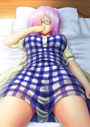 Rule 34 | 1girl, black-framed eyewear, breasts, fate/grand order, fate (series), foreshortening, hair over one eye, highres, hitotsuki nebura, large breasts, light purple hair, lying, mash kyrielight, mash kyrielight (senpai killer outfit), official alternate costume, on back, on bed, pajamas, parted lips, pillow, short hair, short sleeves, sleeping, solo