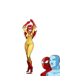 Rule 34 | 1girl, 2boys, animification, bodysuit, boots, breasts, commentary request, firestar, gloves, highres, iceman (x-men), large breasts, marvel, mask, misonou hirokichi, multiple boys, red hair, spider-man, spider-man (series), superhero costume, x-men