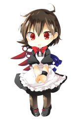 Rule 34 | 1girl, absurdres, apron, asymmetrical wings, bad id, bad twitter id, black dress, black footwear, bow, bowtie, brown hair, brown pantyhose, chibi, commentary request, dress, footwear bow, full body, hair between eyes, hasebe yuusaku, highres, houjuu nue, looking at viewer, maid apron, open mouth, own hands together, pantyhose, pigeon-toed, puffy short sleeves, puffy sleeves, red bow, red bowtie, red eyes, shoes, short hair, short sleeves, solo, touhou, transparent background, wings, wristband