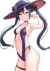 Rule 34 | 1girl, adapted costume, arm up, armpits, bare arms, bare shoulders, black choker, black hair, blue eyes, breasts, center opening, choker, contrapposto, cowboy shot, genshin impact, groin, hair ribbon, hand on own hip, hat, highres, long hair, looking at viewer, marinesnow, mona (genshin impact), navel, one-piece swimsuit, purple hat, purple one-piece swimsuit, ribbon, simple background, sketch, small breasts, smile, solo, spaghetti strap, standing, stomach, sun hat, swimsuit, thigh strap, thighs, twintails, white background