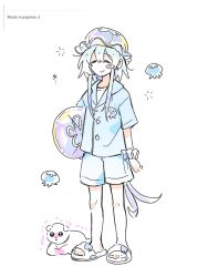 Rule 34 | 1boy, :&gt;, = =, alternate costume, arknights, blue hair, blue pajamas, blush stickers, closed eyes, commentary, dog, english commentary, english text, full body, gradient hair, highres, holding, holding pillow, jellyfish, jellyfish-shaped pillow, jellyfish print, long hair, male focus, mizuki (arknights), multicolored hair, pajamas, pillow, purple hair, shaking, shorts, simple background, slippers, solo, very long hair, wed (lim38869577), white background, wrist cuffs