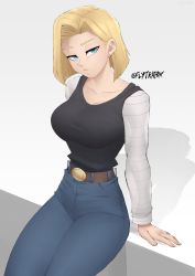 Rule 34 | 1girl, android 18, artist name, blonde hair, blue eyes, breasts, cleavage, collarbone, denim, dragonball z, earrings, flytrapxx, highres, jeans, jewelry, large breasts, long sleeves, looking at viewer, pants, short hair, sitting, solo, thighs, white background