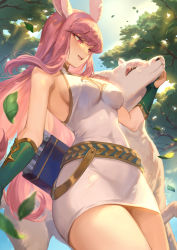Rule 34 | 1girl, afk arena, animal, animal ears, arrow (projectile), bare shoulders, belt, breasts, commentary request, day, dog, dress, forest, gloves, green gloves, highres, leaf, lips, long hair, lyca (afk arena), mashuu (neko no oyashiro), medium breasts, nature, open mouth, outdoors, pink hair, purple eyes, quiver, short dress, simple background, sleeveless, smile, sunlight