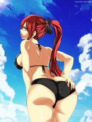 Rule 34 | 1girl, ass, ass grab, bare shoulders, bikini, bow, breasts, butt crack, dimples of venus, erza scarlet, fairy tail, from behind, hair bow, highres, large breasts, leaning, leaning forward, long hair, looking back, open mouth, ponytail, red eyes, red hair, shiny skin, sideboob, solo, stayaliveplz, swimsuit