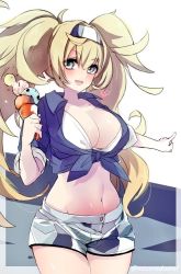 Rule 34 | 1girl, blonde hair, blue eyes, blue shirt, breasts, cleavage, collared shirt, commentary request, cowboy shot, food, front-tie top, gambier bay (kancolle), hairband, heart, holding, holding food, ice cream cone, kantai collection, large breasts, midriff, mizoredama1, navel, one-hour drawing challenge, shirt, short sleeves, shorts, simple background, smile, solo, twintails, twitter username, two-tone background, white background