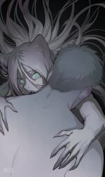 Rule 34 | 1boy, 1girl, alternate universe, animal ears, aqua eyes, back, bite mark, black background, blonde hair, blood, blush, chinese commentary, dungeon meshi, ear blush, eyelashes, facing away, fingernails, floating hair, grey hair, hair between eyes, hands on another&#039;s back, haohaoya52356, highres, injury, laios touden, long hair, looking at viewer, marcille donato, monster girl, nude, open mouth, partially colored, red hair, saliva, sharp fingernails, succubus (dungeon meshi), upper body