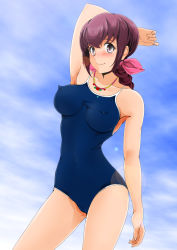 Rule 34 | 1girl, arm behind head, arm up, armpits, blue one-piece swimsuit, blue sky, blush, breasts, brown eyes, brown hair, closed mouth, cloud, cloudy sky, commentary, covered erect nipples, cowboy shot, crotch seam, day, gluteal fold, hair ribbon, highres, hoshizora ikuyo, jewelry, lens flare, long hair, looking at viewer, medium breasts, nanashi noiji, necklace, one-piece swimsuit, outdoors, pink ribbon, ponytail, precure, ribbon, school swimsuit, sky, smile, smile precure!, solo, standing, swimsuit