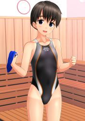 Rule 34 | 1girl, absurdres, black hair, black one-piece swimsuit, blue eyes, blue headwear, commentary request, competition swimsuit, day, flat chest, highres, indoors, looking at viewer, name tag, one-piece swimsuit, one-piece tan, open mouth, original, round teeth, sauna, short hair, smile, solo, standing, string of flags, unworn swim cap, swimsuit, takafumi, tan, tanline, teeth, upper teeth only