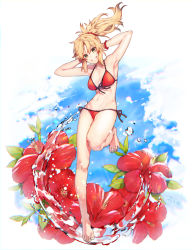 Rule 34 | 1girl, armpits, arms behind head, bare shoulders, bikini, blonde hair, blue sky, blush, breasts, chromatic aberration, cloud, fate/apocrypha, fate/grand order, fate (series), floral background, flower, front-tie bikini top, front-tie top, full body, green eyes, grin, hair ornament, hair scrunchie, halterneck, hanagata, hibiscus, highres, leg up, long hair, looking at viewer, medium breasts, mordred (fate), mordred (fate) (all), mordred (fate/apocrypha), mordred (swimsuit rider) (fate), mordred (swimsuit rider) (first ascension) (fate), navel, parted lips, ponytail, red bikini, red flower, scrunchie, side-tie bikini bottom, sidelocks, sky, smile, solo, spread toes, string bikini, swimsuit, teeth, toes, water, water drop