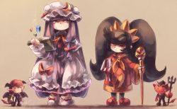 Rule 34 | 3girls, ashley (warioware), bad id, bad pixiv id, baton, black hair, book, capelet, coat, crescent, crossover, crystal, demon, demon girl, demon horns, demon tail, demon wings, dress, grimoire, hair ribbon, hat, head wings, horns, koakuma, koto inari, long hair, long sleeves, looking at another, mini person, minigirl, mob cap, multiple girls, neckerchief, necktie, nintendo, open clothes, open coat, pantyhose, patchouli knowledge, pointy ears, polearm, purple dress, purple eyes, purple hair, red (warioware), red dress, red eyes, red hair, ribbon, striped clothes, striped dress, stuffed animal, stuffed rabbit, stuffed toy, tail, touhou, tress ribbon, trident, twintails, very long hair, warioware, weapon, wide sleeves, wings
