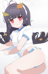 Rule 34 | 1girl, absurdres, ahoge, animal ear headphones, animal ears, arm support, ass, black hair, blue archive, blunt bangs, blurry, buruma, commentary request, depth of field, fake animal ears, fake tail, gevuxx, gym shirt, gym uniform, halo, headphones, headset, highres, leaf, leaf on head, long hair, looking at viewer, lying, miyu (blue archive), navel, on side, rabbit ear headphones, red eyes, shirt, short sleeves, sidelocks, simple background, solo, stomach, tail, thighs, white shirt