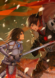 Rule 34 | 1boy, 1girl, armor, bad id, bad pixiv id, blood, blood from mouth, brown eyes, brown hair, character request, copyright request, earrings, highres, holding, holding sword, holding weapon, horns, jewelry, long hair, looking at another, lu ying, pointy ears, red eyes, short hair, skull, spikes, sword, weapon