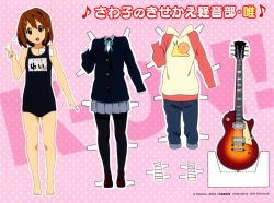 Rule 34 | 00s, 1girl, barefoot, brown eyes, brown hair, denim, dressup, electric guitar, gibson, gibson les paul, green eyes, guitar, hair ornament, hairclip, highres, hirasawa yui, instrument, jeans, k-on!, object in clothes, object in swimsuit, official art, one-piece swimsuit, open mouth, pants, pantyhose, paper doll, raglan sleeves, scan, school swimsuit, school uniform, short hair, skirt, socks, solo, sweater, swim cap, swimsuit, v