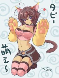 Rule 34 | .hack//, .hack//roots, 00s, 1girl, :3, animal ears, animal hands, bandai, blush, boots, breasts, brown hair, cat ears, cat tail, choker, cleavage, cyber connect 2, hack, large breasts, midriff, miniskirt, purple eyes, skirt, solo, tabby, tabby (.hack//), tail, thighhighs, thighs, zettai ryouiki