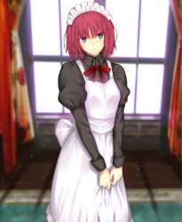 Rule 34 | 1girl, apron, black dress, blue eyes, blurry, blurry background, blush, closed mouth, commentary request, curtains, dress, highres, hisui (tsukihime), indoors, iro (sekaixiro), juliet sleeves, long sleeves, looking at viewer, maid, maid apron, maid headdress, neck ribbon, pink hair, puffy sleeves, red ribbon, ribbon, short hair, solo, tsukihime, white apron, white headwear, window, wing collar