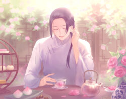 Rule 34 | 1boy, architecture, arms at sides, axis powers hetalia, black hair, changpao, china (hetalia), chinese clothes, day, east asian architecture, facing viewer, flower, food, fruit, glass teacup, hair over shoulder, tucking hair, hand up, kanmuri (hanyifan30338), long hair, long sleeves, male focus, mooncake, parted bangs, peach, petals, pink flower, pink rose, plant, ponytail, pov across table, qinghua (porcelain), rose, round shelf, saucer, solo, spoon, sweets, table, tea, teapot, toggles, upper body, vase, wide sleeves