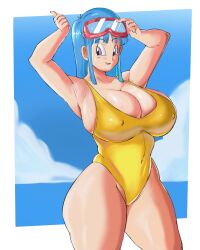 Rule 34 | 1girl, absurdres, alternate breast size, arms up, bare shoulders, beach, blue hair, blue sky, breasts, cleavage, dragon ball, dragonball z, happy, highres, hime cut, huge breasts, long hair, looking at viewer, maron (dragon ball), ocean, one-piece swimsuit, panarandom, shiny skin, sky, smile, solo, swimsuit, thighs, water, wide hips, yellow one-piece swimsuit