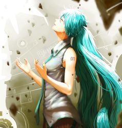 Rule 34 | 1girl, cowboy shot, crying, closed eyes, green hair, hachijuu, hatsune miku, highres, long hair, necktie, number tattoo, ponytail, solo, tattoo, tears, vocaloid