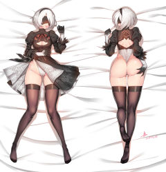 Rule 34 | 1girl, ass, ass grab, bad id, bad pixiv id, bed, black gloves, black thighhighs, blindfold, breasts, brown thighhighs, cameltoe, cleavage, cleft of venus, dakimakura (medium), feet, full body, gloves, grabbing own ass, hairband, has bad revision, has watermarked revision, highleg, highleg leotard, highres, leotard, lying, md5 mismatch, mole, mole under mouth, multiple views, nier:automata, nier (series), no shoes, on back, on stomach, resolution mismatch, short hair, skindentation, skirt, suerte, thighhighs, thighs, white gloves, white hair, 2b (nier:automata)