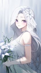 Rule 34 | 1girl, armlet, bare shoulders, bouquet, bridal veil, bride, collared dress, curtains, detached sleeves, dress, elbow gloves, flower, from side, gloves, gnns, hair flower, hair ornament, hair over one eye, highres, holding, holding bouquet, looking at viewer, open mouth, original, purple eyes, smile, solo, standing, teeth, upper body, veil, virtual youtuber, wedding dress, white background, white dress, white flower, white hair