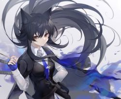 Rule 34 | 1girl, :/, absurdres, animal ear fluff, animal ears, arknights, black hair, black jacket, black vest, blue gloves, chinese commentary, closed mouth, collared shirt, commentary request, fingerless gloves, floating hair, gloves, hair between eyes, hand up, highres, jacket, long hair, long sleeves, looking at viewer, morales (morales38643), official alternate costume, open clothes, open jacket, orange eyes, raised eyebrow, shirt, solo, texas (arknights), texas the omertosa (arknights), upper body, very long hair, vest, white shirt, wolf ears, wolf girl