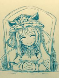 Rule 34 | 1girl, asymmetrical hair, blush, chair, closed eyes, closed mouth, commentary request, efukei, hat, interlocked fingers, long sleeves, monochrome, one-hour drawing challenge, own hands together, shiki eiki, sidelocks, smile, solo, touhou, traditional media, upper body