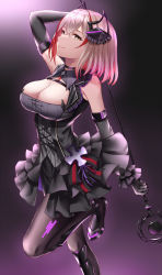 Rule 34 | 1girl, azur lane, black dress, black footwear, black gloves, black pantyhose, blonde hair, breasts, cleavage, closed mouth, dress, elbow gloves, feet out of frame, gloves, highres, holding, holding microphone stand, large breasts, looking at viewer, medium hair, microphone stand, multicolored hair, naga (pixiv70891418), pantyhose, roon (azur lane), roon (muse) (azur lane), shoes, simple background, smile, solo, standing, standing on one leg, yellow eyes