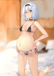 Rule 34 | 1girl, bed, bed sheet, bedroom, big belly, black bra, black hairband, blue eyes, blush, bra, breasts, closed mouth, covered erect nipples, do2mi doreimi, hair ornament, hairband, hand on own hip, highres, indoors, lingerie, looking at viewer, medium breasts, panties, pregnant, ryuuou no oshigoto!, shirt, short hair, side-tie panties, silver hair, snowflake hair ornament, solo, sora ginko, tearing up, underwear, underwear only