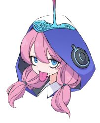 Rule 34 | 1girl, arknights, blue eyes, blue poison (arknights), collared shirt, dr yamero, hair between eyes, highres, hood, horizontal pupils, looking at viewer, pink hair, purple hood, shirt, simple background, tongue, tongue out, twintails, white background