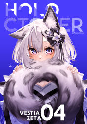 Rule 34 | 1girl, absurdres, adarin, animal ear fluff, animal ears, biting own tail, blue eyes, blush, bow, breasts, cat ears, cat girl, cat tail, character name, cleavage, english text, flower, grey hair, grey kimono, hair bow, hair flower, hair ornament, heart, highres, hololive, hololive indonesia, japanese clothes, kimono, looking at viewer, official alternate costume, official alternate hairstyle, short hair, shy, sidelocks, small breasts, solo, tail, twitter username, vestia zeta, vestia zeta (new year), virtual youtuber