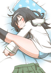 Rule 34 | 1girl, :3, absurdres, bed sheet, black hair, black neckerchief, black socks, blouse, blue panties, blush, brown eyes, closed eyes, closed mouth, commentary, crotch seam, fetal position, from above, girls und panzer, green skirt, hairband, highres, long hair, long sleeves, lying, miniskirt, neckerchief, no pants, on bed, on side, ooarai school uniform, panties, pillow, pleated skirt, reizei mako, sailor collar, school uniform, serafuku, shirt, skirt, unworn skirt, sleepy, smile, socks, solo, twitter username, underwear, white hairband, white sailor collar, white shirt, zannen na hito, zzz