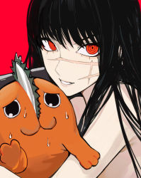 Rule 34 | 1girl, bare shoulders, black hair, chainsaw, chainsaw man, facial scar, hug, long hair, looking at viewer, nude, pochita (chainsaw man), red background, red eyes, ringed eyes, sailen0, scar, scar on cheek, scar on face, simple background, sweat, worried, yoru (chainsaw man)