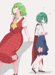 Rule 34 | 2girls, antennae, ascot, blue shorts, cape, collared shirt, commentary, flower, green eyes, green hair, grey background, highres, kazami yuuka, looking at viewer, multiple girls, pink flower, plaid, plaid skirt, plaid vest, red eyes, red footwear, red skirt, red vest, shirt, short hair, shorts, simple background, skirt, socks, tohoyuukarin, touhou, vest, white shirt, white socks, wriggle day, wriggle nightbug, yellow ascot