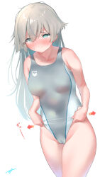Rule 34 | 1girl, @ @, adjusting clothes, adjusting swimsuit, arena (company), blush, breasts, c@rbon, cameltoe, commentary request, competition swimsuit, covered navel, frontal wedgie, grey hair, grey one-piece swimsuit, groin, highres, logo parody, long hair, nose blush, one-piece swimsuit, original, simple background, small breasts, solo, swimsuit, swimsuit tug, two-tone swimsuit, wedgie, white background