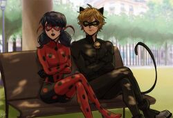 1boy 1girl adrien_agreste animal_ears bell black_bodysuit black_hair black_mask blonde_hair blue_eyes bodysuit breasts cat_boy cat_ears cat_tail ceejles chair chat_noir crossed_arms crossed_legs day eye_mask ladybug_(character) looking_at_viewer low_twintails marinette_dupain-cheng medium_breasts miraculous_ladybug open_mouth outdoors park red_bodysuit red_mask short_hair signature sitting superhero_costume tail teeth tree twintails