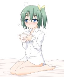 Rule 34 | 1girl, ahoge, bare legs, barefoot, blue eyes, blush, bottomless, contemporary, cup, daiyousei, edamame (barium), female focus, full body, green hair, hair ribbon, heart, heart ahoge, highres, naked shirt, no pants, no wings, ribbon, shirt, side ponytail, simple background, sitting, solo, touhou, wariza, white background