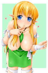 Rule 34 | 1girl, apron, bare shoulders, blonde hair, blue eyes, breasts, breasts out, bridal gauntlets, elf, female focus, finger in own mouth, halterneck, heart, lambda (kusowarota), large breasts, leaning forward, long hair, looking at viewer, nipples, pointy ears, smile, solo, tiffania westwood, zero no tsukaima