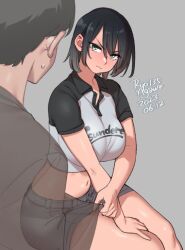 Rule 34 | 1boy, 1girl, agawa ryou, black hair, blush, breasts, brown hair, clothes grab, clothes writing, commentary, cowboy shot, dated, english commentary, large breasts, midriff, navel, original, short hair, short sleeves, shorts, signature, simple background, sweatdrop, transparent, two-tone shirt, x-ray