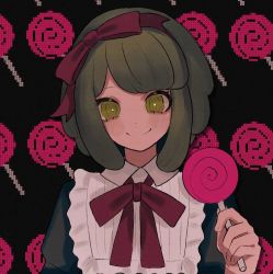 Rule 34 | 1girl, black background, black dress, blush, bow, candy, closed mouth, collared dress, danganronpa (series), danganronpa another episode: ultra despair girls, dress, eyebrows, eyebrows hidden by hair, food, frilled dress, frills, green eyes, green hair, hair bow, hair ribbon, hairband, headband, holding, holding candy, holding food, lollipop, long sleeves, matching hair/eyes, multicolored background, bowtie, neck ribbon, pink background, red bow, red hairband, red headband, red headwear, red ribbon, ribbon, simple background, smile, towa monaca, upper body