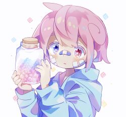 Rule 34 | 1boy, absurdres, bandaid, bandaid on cheek, bandaid on face, bandaid on nose, blue eyes, blue hoodie, blush, bright pupils, candy, commentary request, diamond (shape), dot nose, food, glass jar, heterochromia, highres, holding, holding jar, hood, hood down, hoodie, jar, konpeitou, long sleeves, looking at object, male focus, original, parted lips, pink eyes, pink hair, ponytail, raito-kun (uenomigi), short hair, sidelocks, simple background, solo, star (symbol), uenomigi, upper body, white background, white pupils