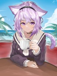 Rule 34 | 1girl, absurdres, animal ear fluff, animal ears, black hairband, blu (1712), breasts, cat ears, cat girl, cat tail, cloud, coffee cup, cup, disposable cup, hairband, hand on table, highres, holding, holding cup, hololive, medium breasts, nekomata okayu, nekomata okayu (casual), official alternate costume, palm tree, purple eyes, sailor collar, short hair, sitting, sky, solo, tail, tree, virtual youtuber