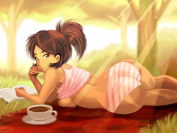 Rule 34 | 1girl, :o, ass, back, bare legs, barefoot, book, breast press, breasts, brown eyes, brown hair, clothes lift, cup, forest, from behind, light rays, lips, long hair, looking at viewer, looking back, louis lloyd-judson, lying, midriff, nature, on side, open book, original, panties, pink panties, ponytail, reading, shirt lift, sideboob, solo, striped clothes, striped panties, sunbeam, sunlight, tan, underwear, wide hips