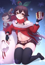 Rule 34 | 1girl, absurdres, amber (genshin impact), animal ears, bad id, bad twitter id, baron bunny (genshin impact), belt, black gloves, black thighhighs, bow, box, breasts, brown eyes, brown hair, carrying, christmas, fang, feet, fingerless gloves, full body, genshin impact, gift, gift box, gloves, goggles, goggles on head, green bow, hair bow, highres, kirima (user danf8787), kneeling, long hair, long sleeves, looking at viewer, midriff, navel, rabbit ears, red scarf, sack, scarf, short shorts, shorts, smile, solo, stuffed toy, teeth, thighhighs, thighs