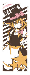 Rule 34 | 1girl, apron, back bow, black background, black hat, black skirt, black vest, blonde hair, blush stickers, border, bow, buttons, character name, commentary request, cowboy shot, frilled apron, frilled hat, frills, hair bow, hand on own hip, hat, hat bow, kirisame marisa, limited palette, long hair, medium skirt, puffy short sleeves, puffy sleeves, red bow, scarf, shiroino (shirayuki mutsuki), shirt, short sleeves, skirt, skirt set, solo, star (symbol), striped background, tongue, touhou, two-tone background, v-shaped eyebrows, vest, waist apron, white apron, white background, white border, white bow, white scarf, white shirt, white sleeves, witch hat, yellow eyes